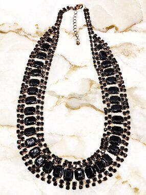 Black Rhinestone Statement Bib Necklace Gold Tone Cocktail Glam Crystal Collar